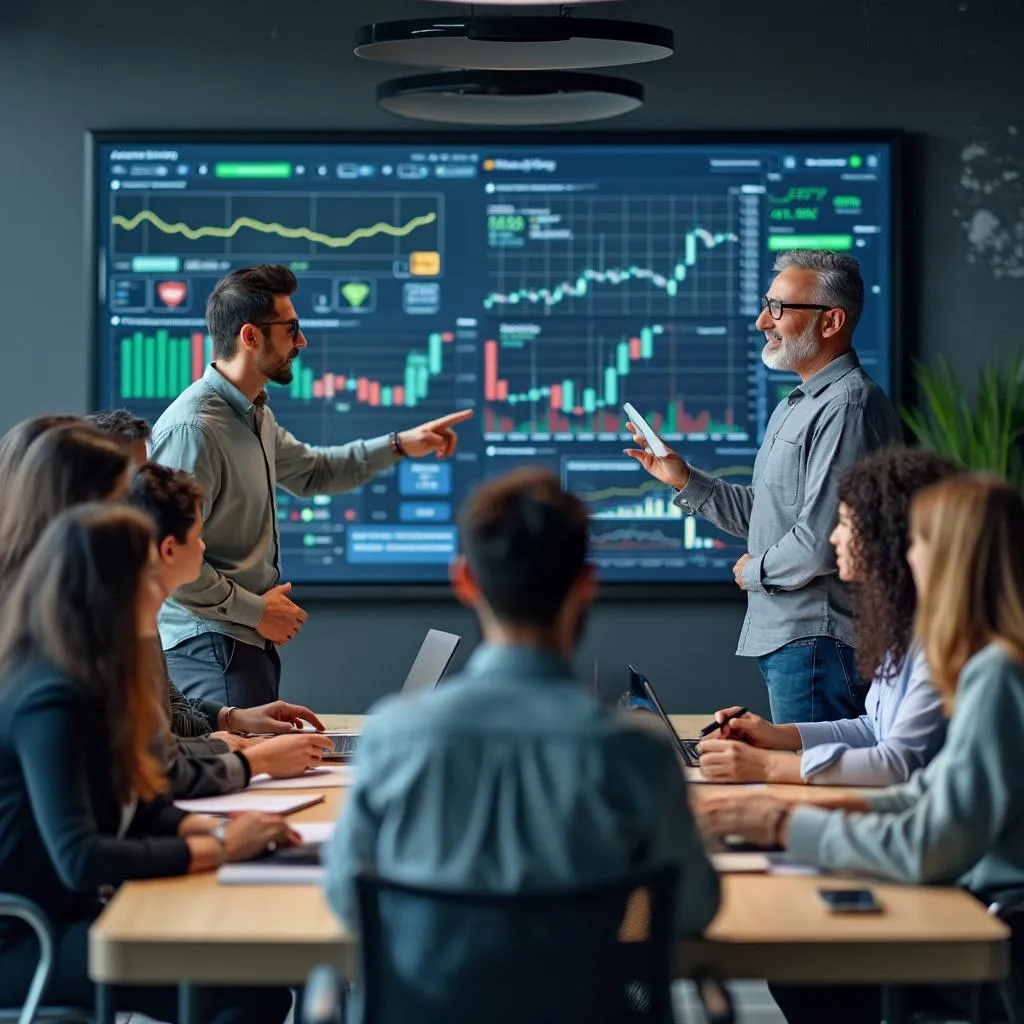 Equipo de analistas financieros discutiendo estrategias de mercado